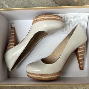 Michael Kors patten leather round toe, striped heel cork heel size 7
